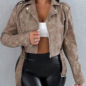 Khaki Casual Women's Faux Leather Short Jacket With Lapel, Zipper, And Belt